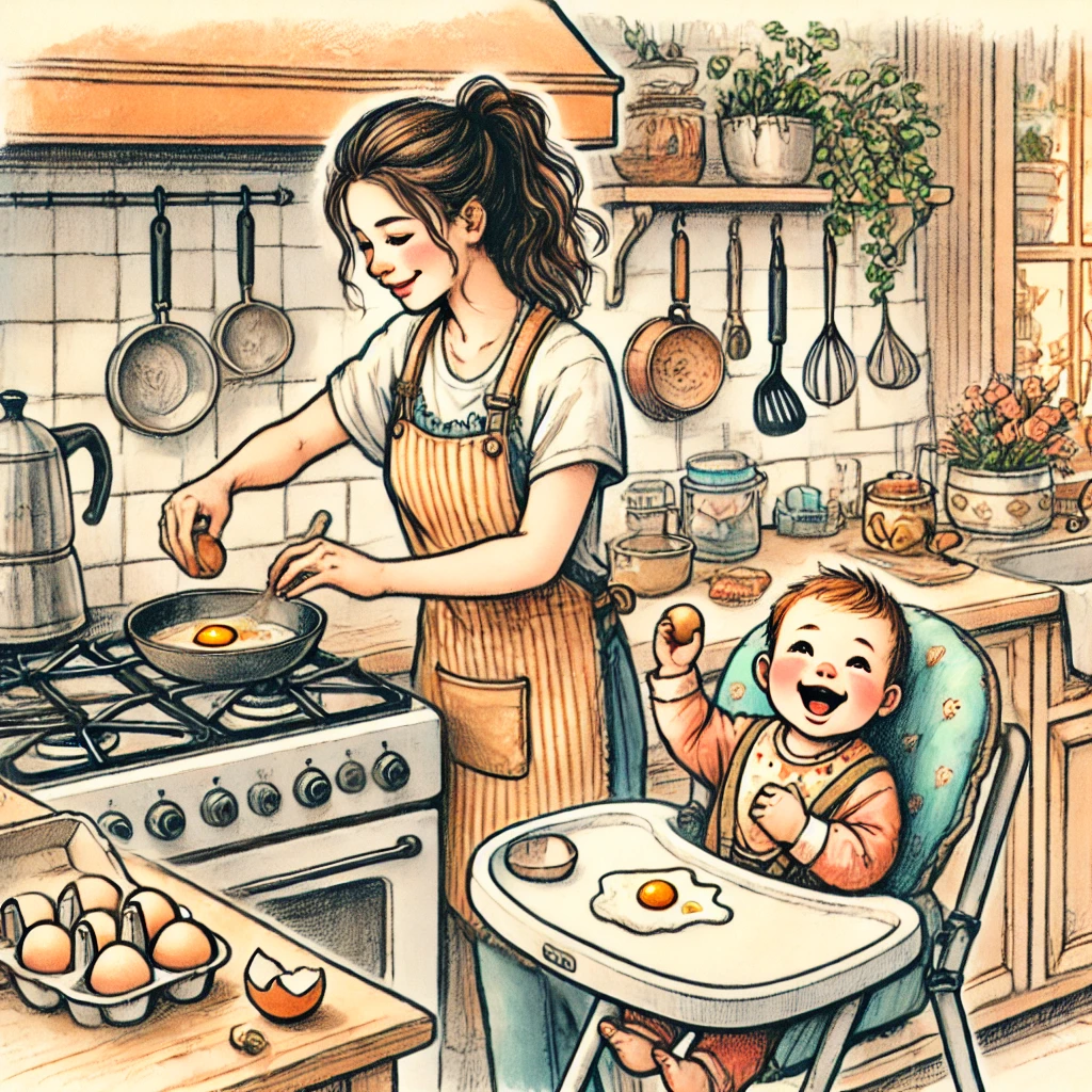 A mom enjoying a slow morning with her baby making breakfast